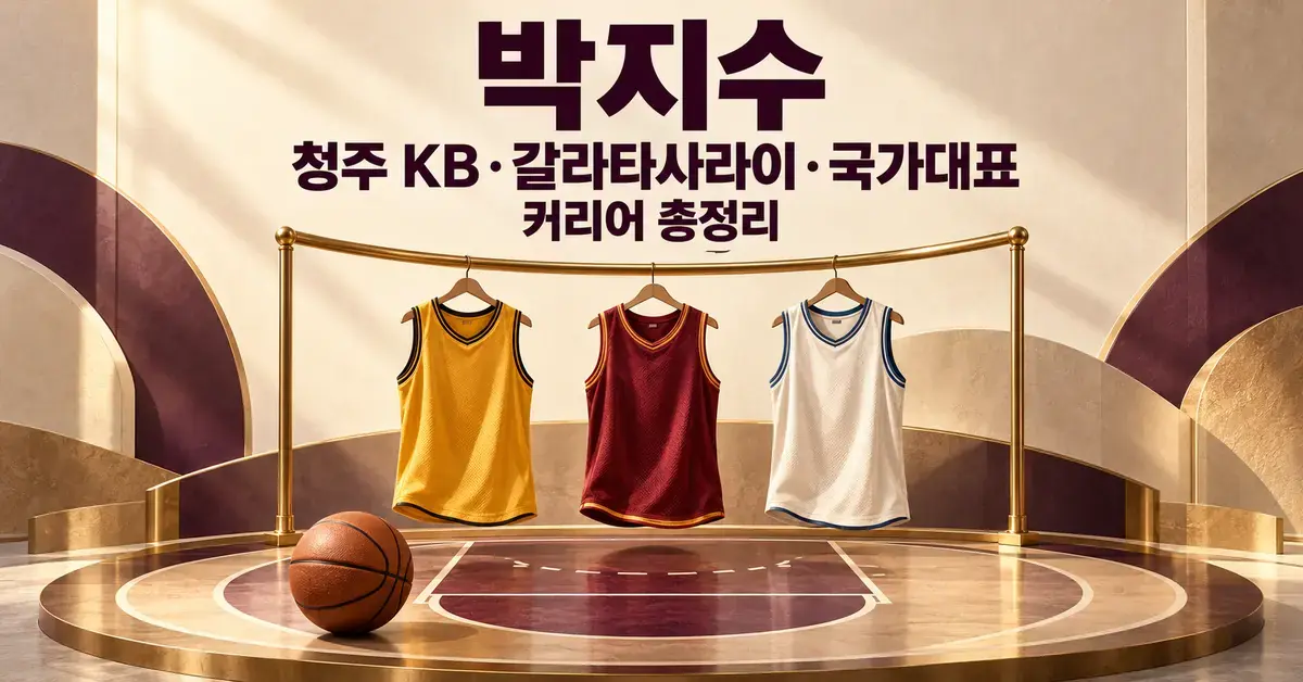 박지수의 청주 KB·갈라타사라이·국가대표 커리어 총정리 제목 아래 세 가지 색의 농구 유니폼과 농구공을 코트 위에 전시한 그래픽.