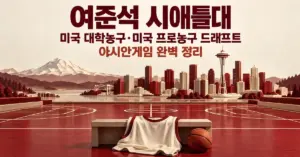 시애틀 도시 전경과 농구 코트, 유니폼과 농구공을 배경으로 여준석의 시애틀대 대학농구 도전과 미국 프로농구 드래프트, 아시안게임을 소개하는 이미지.
